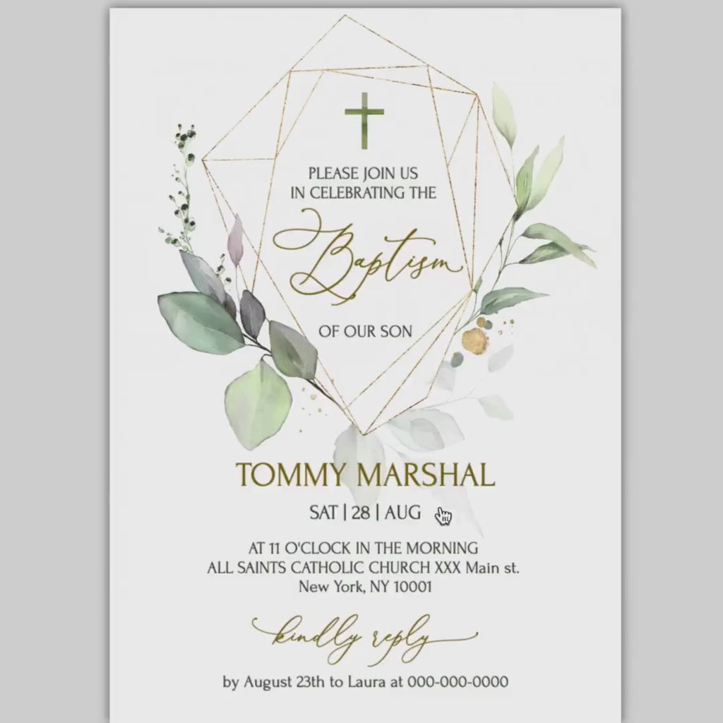 Geometric Baptism Invitation Template, Greenery Gold Baptism Invite, Editable Eucalyptus Baptism Invitation Download GRACE | LE220