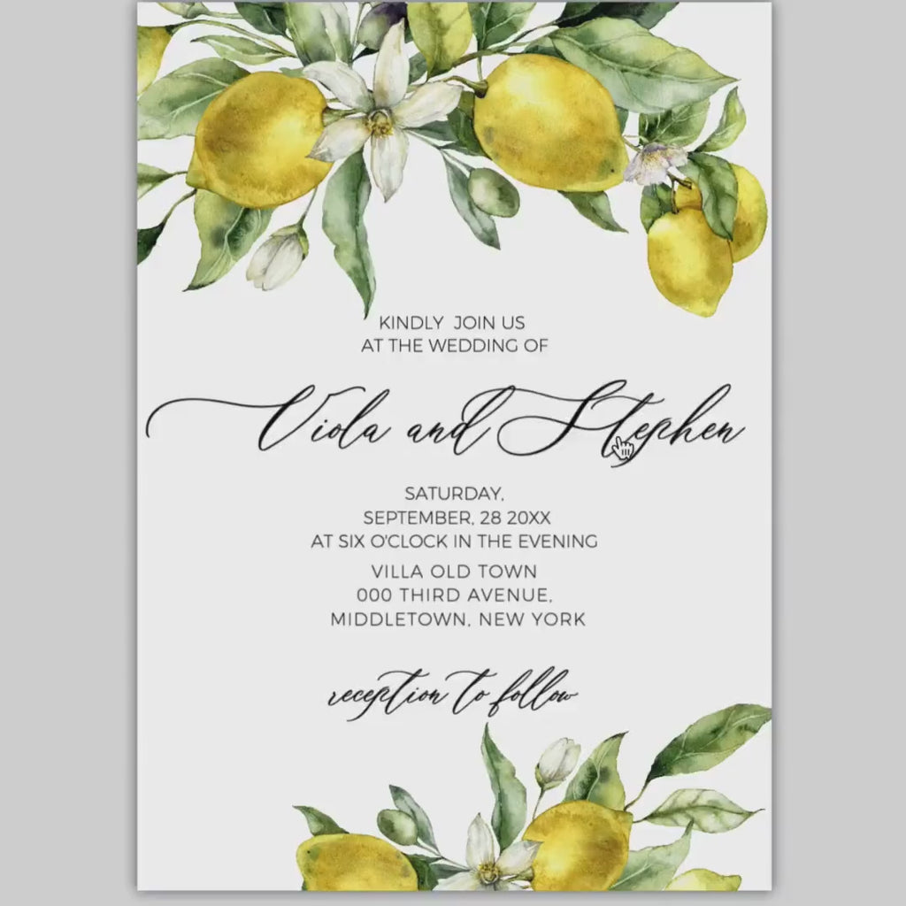 LEMON Wedding Invitation Template, Calligraphy Wedding Invite |Citrus Wedding invites, Yellow Wedding Invitation