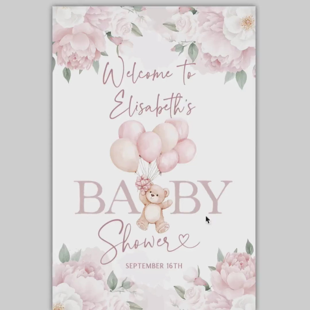 Teddy Bear Baby Shower Welcome Sign: Pink Balloons (Template)
