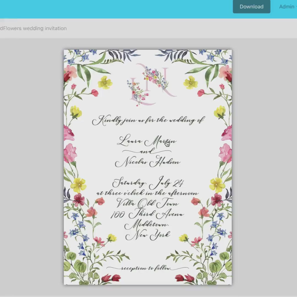 Wildflower Crest Wedding Invitation Template: Blush Pink Floral (Printable, Editable Design)