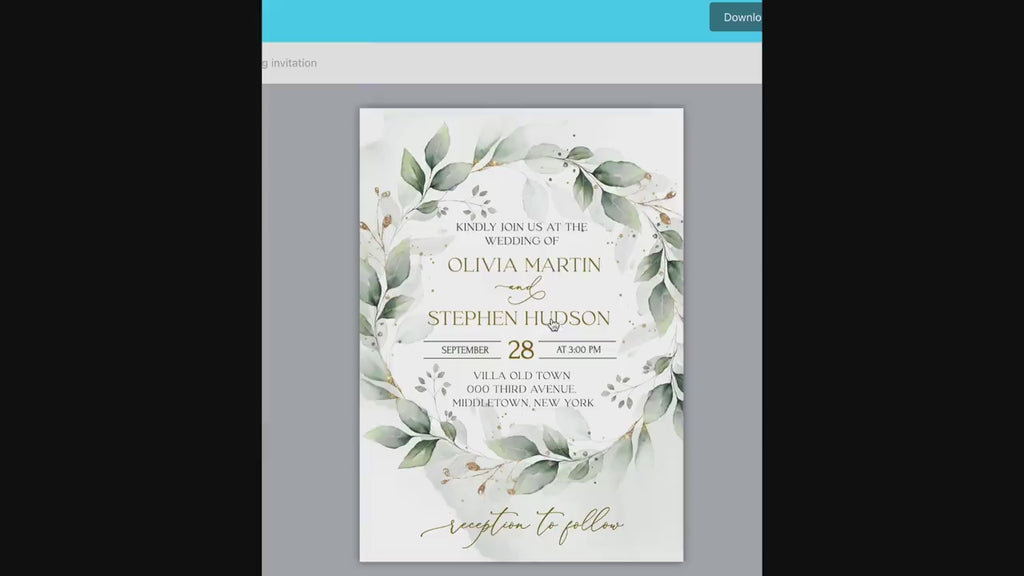 Sage Green Wedding Invitation Set: Gold Eucalyptus (Digital) GRACE | LE220