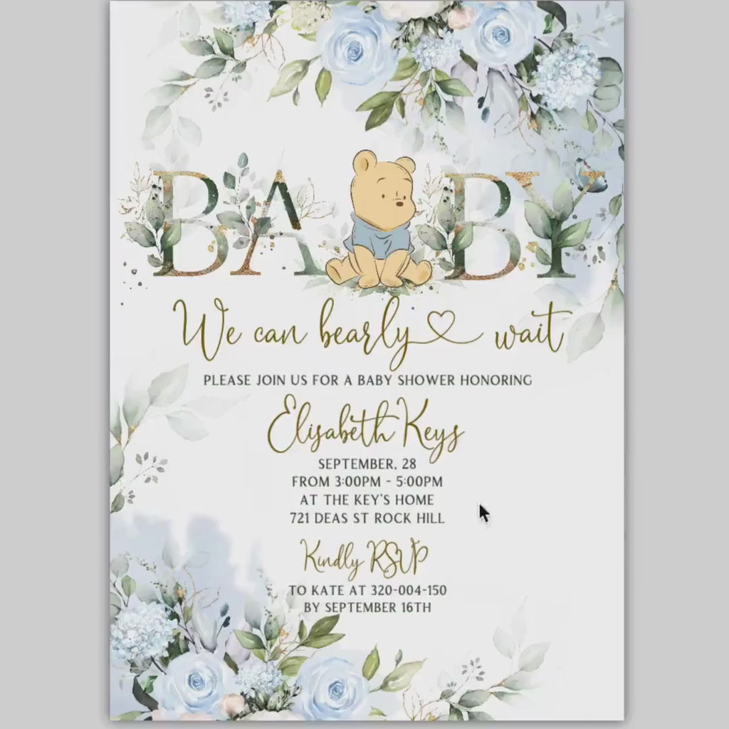 Winnie the Pooh Baby Shower Invitation: Blue Floral, Electronic Invite