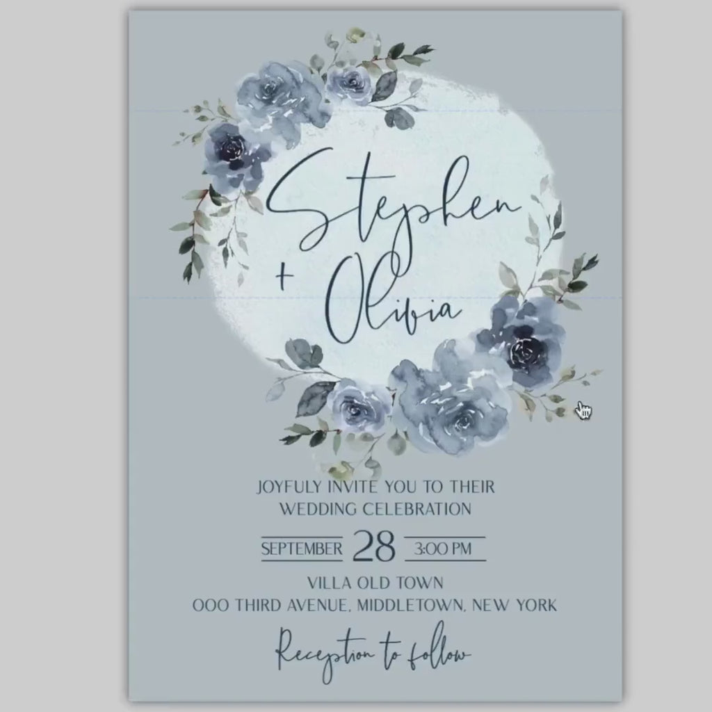 Dusty Blue Floral Wreath Wedding Invitation Template (Printable)