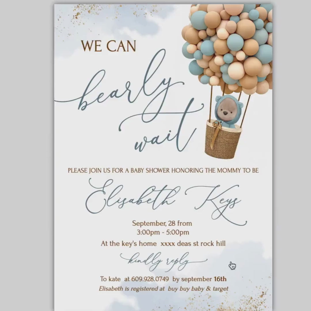 Teddy BEAR Baby Shower Invitation Template Bear Baby Shower Invites, We can bearly wait, Printable Boys Light blue Brown Baby Shower Invite