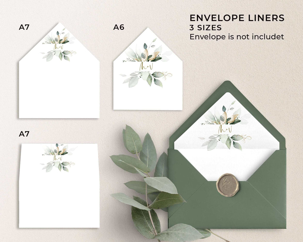 ISABELLA- Greenery & Gold Eucalyptus Envelope Liner A7, A6 Template,  Greenery Eucalyptus Wedding liner, Printable Liner for envelope