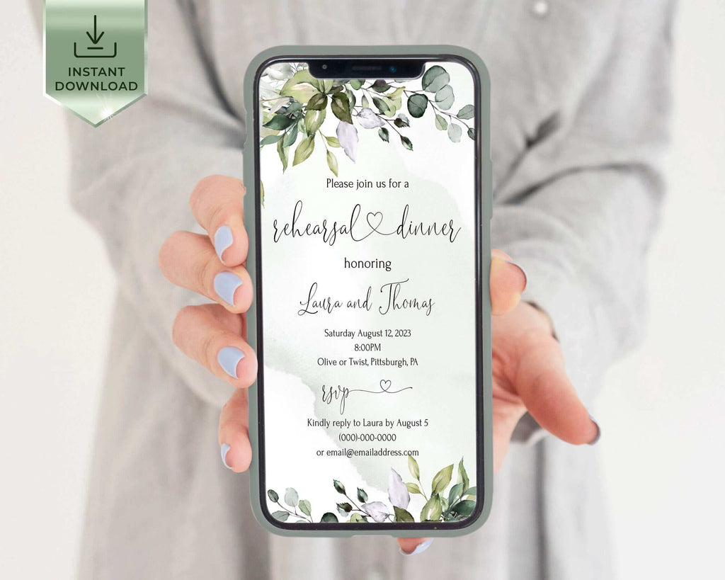 LPE0316 AMELIA - Greenery Rehearsal Dinner Electronic Invitation Template, The Night Before Wedding Rehearsal Dinner Digital invitation, sms online