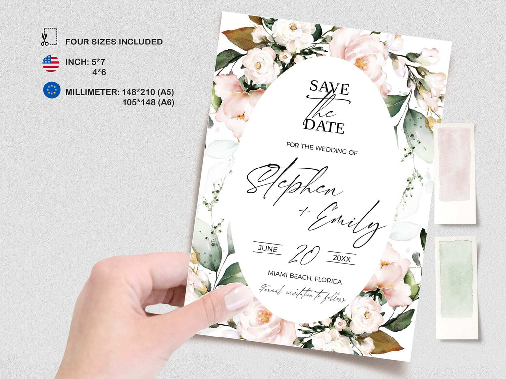 BLUSH Soft Pink Save The Date Template, Editable light pink Flowers Save the Date Download, Floral Printable Save Our Date Card, diy