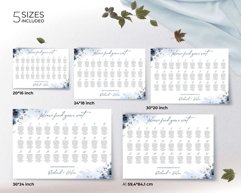 SKYLA -  Dusty Blue Seat Chart Template, Blue Navy Floral Wedding Seating Plan, Baby Blue Seating Chart, DIY