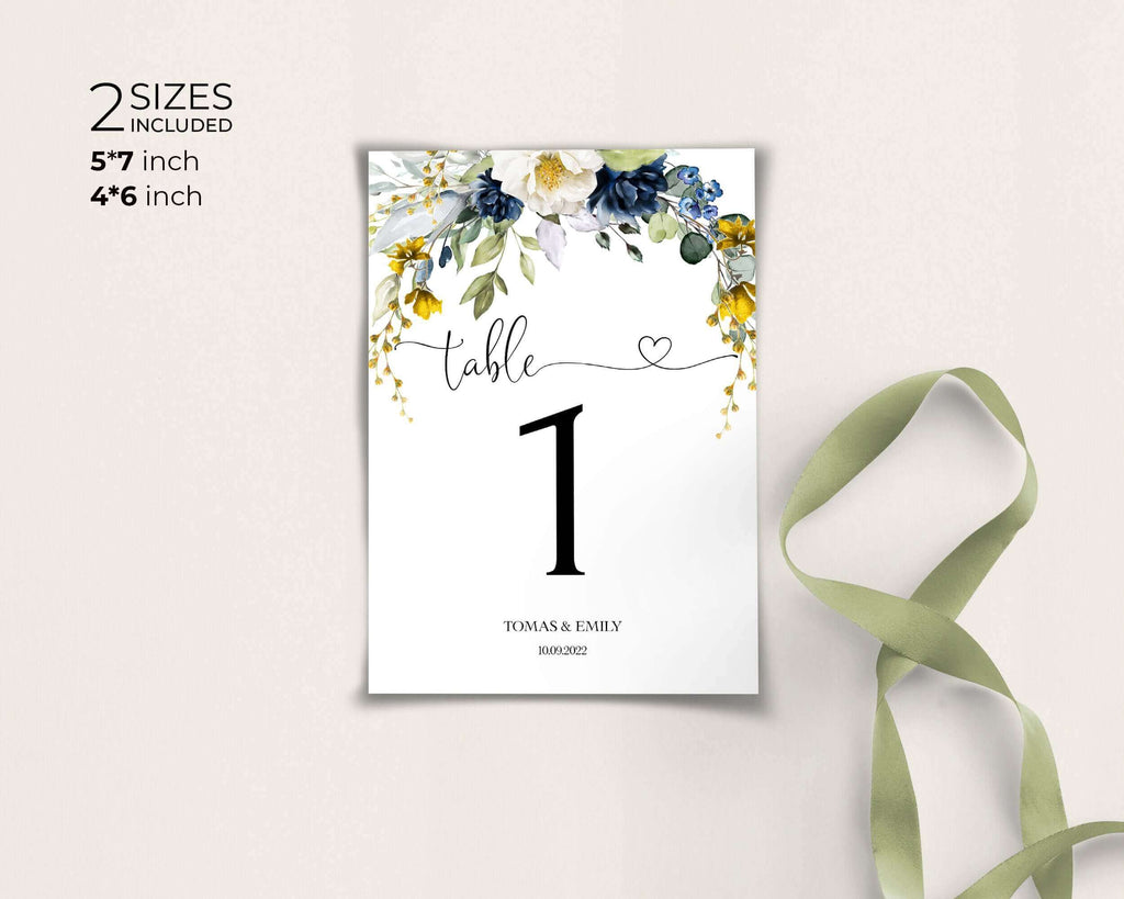 EVELYN - Spring flowers Table Numbers Template, Blue Yellow Wedding Table Numbers Download, Editable Floral Table Number, INSTANT DOWNLOAD