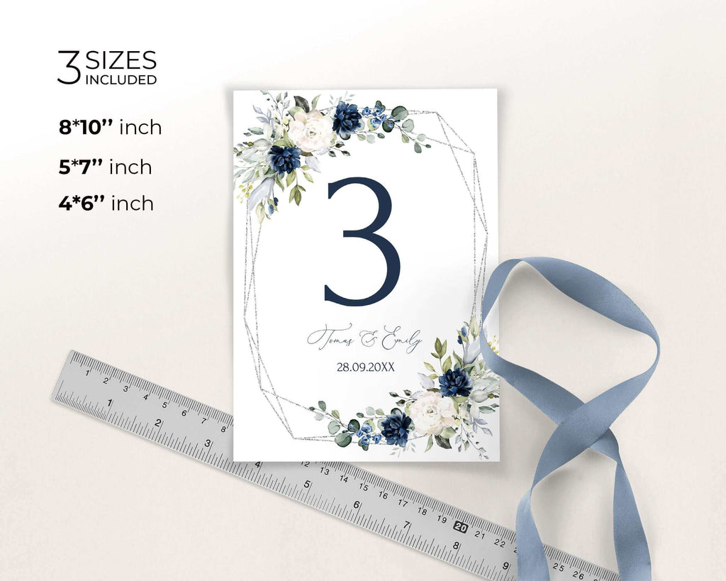 VIDA - Wedding Table Numbers Template, Blue Navy Editable Wedding Number, Geometric Table Number, INSTANT Download, Printable Wedding Number