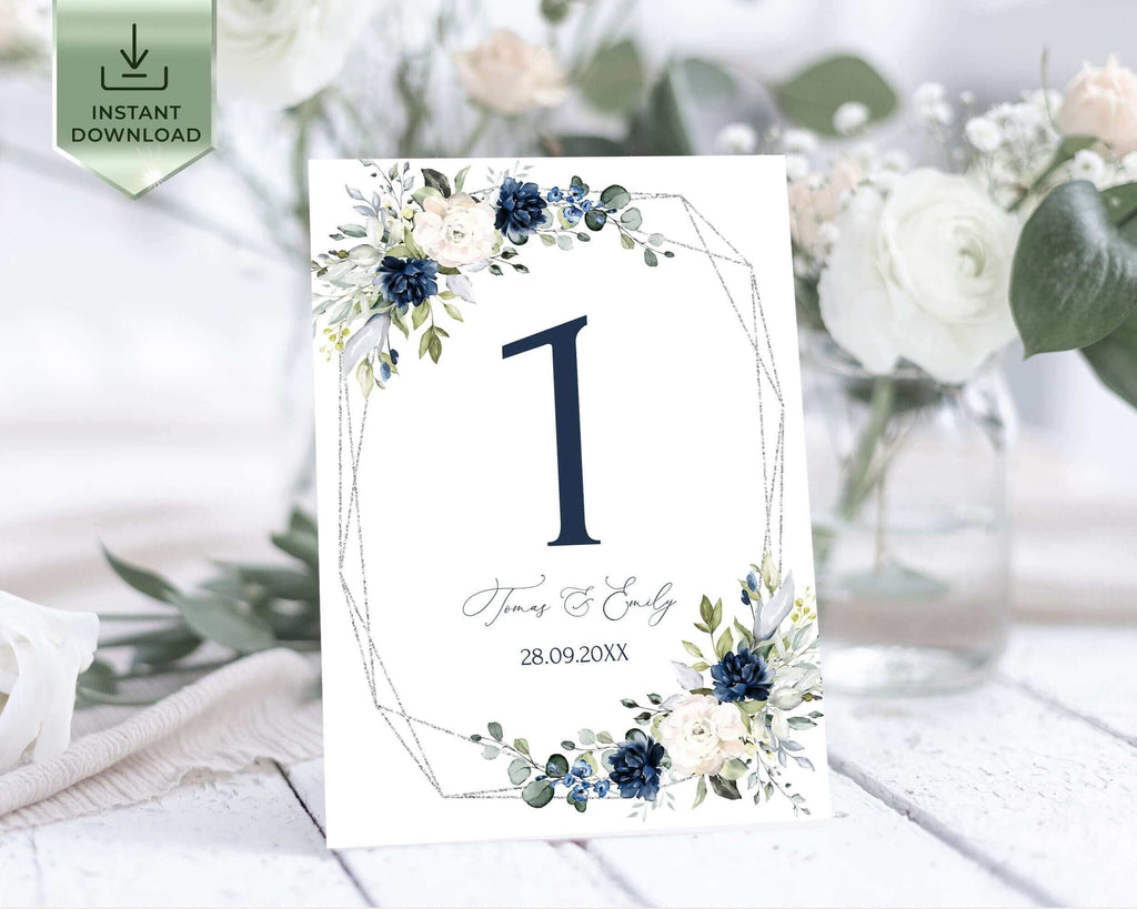 VIDA - Wedding Table Numbers Template, Blue Navy Editable Wedding Number, Geometric Table Number, INSTANT Download, Printable Wedding Number