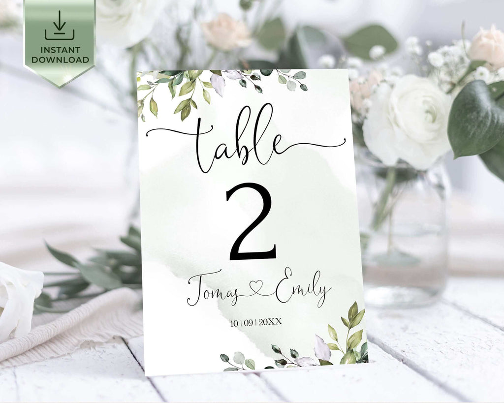 AMELIA - Editable Eucalyptus Wedding Table Number Template, Greenery Wedding Number, Printable Greenery Table Number, DIY