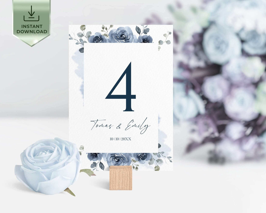 SKYLA - Dusty Blue Table Numbers Template, Editable Floral Wedding Table Numbers, Printable, Templett, Try Before