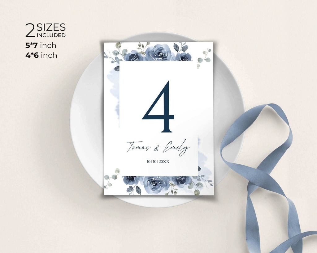 SKYLA - Dusty Blue Table Numbers Template, Editable Floral Wedding Table Numbers, Printable, Templett, Try Before