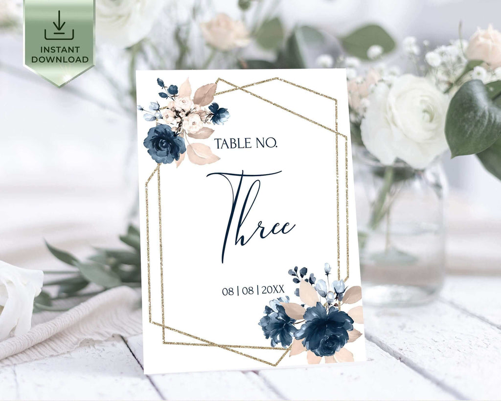 NYRA - Blue Navy flowers Table Numbers Template, Blue Navy and Soft Pink wedding Table Numbers Card Download, Floral, Editable, Printable