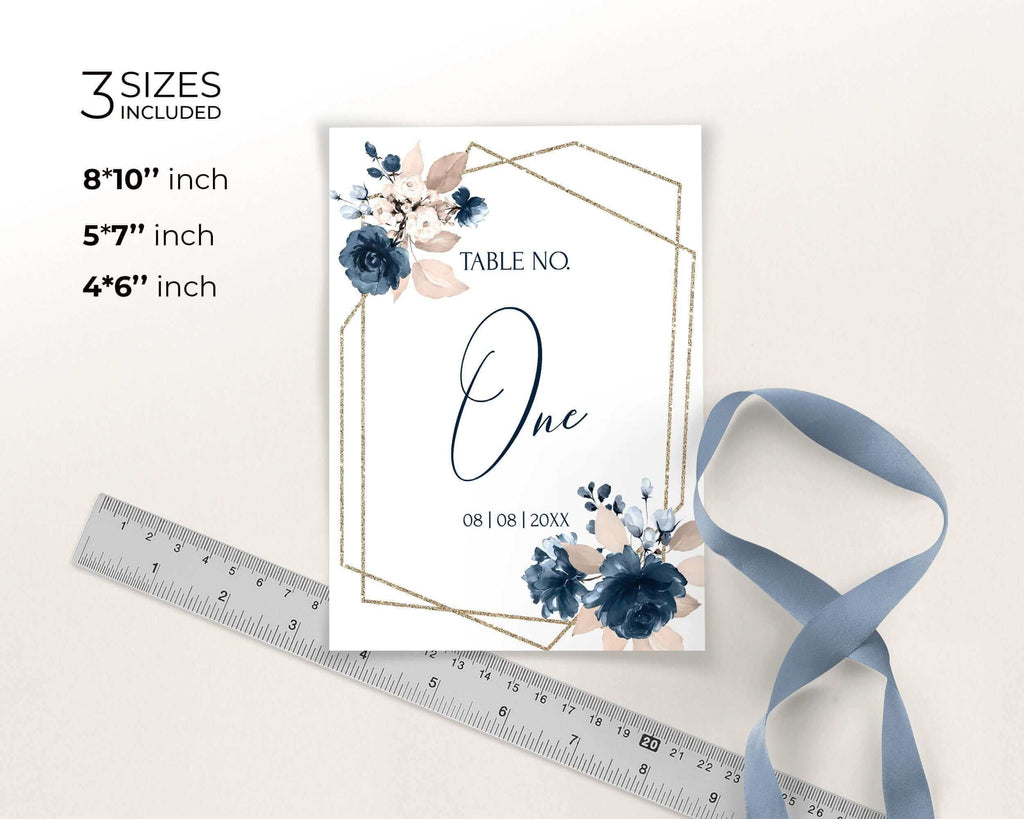 NYRA - Blue Navy flowers Table Numbers Template, Blue Navy and Soft Pink wedding Table Numbers Card Download, Floral, Editable, Printable