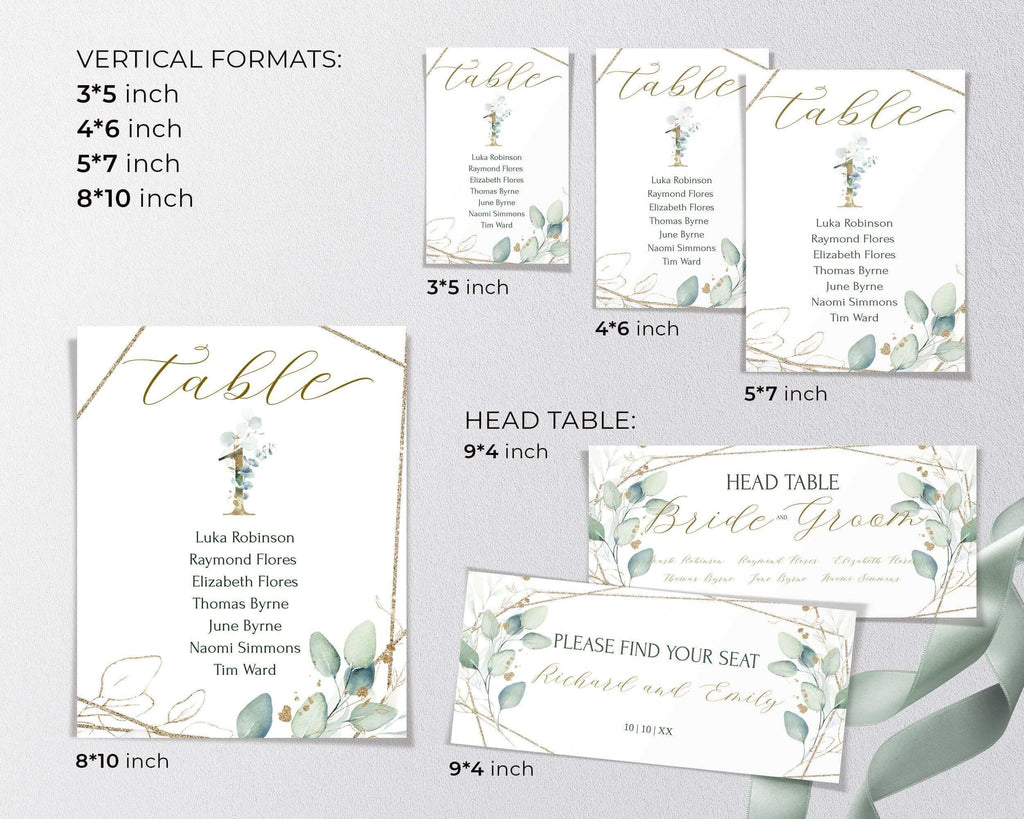 Wedding Seating Plan Cards | Sage Green & Gold | Geometric Printables 