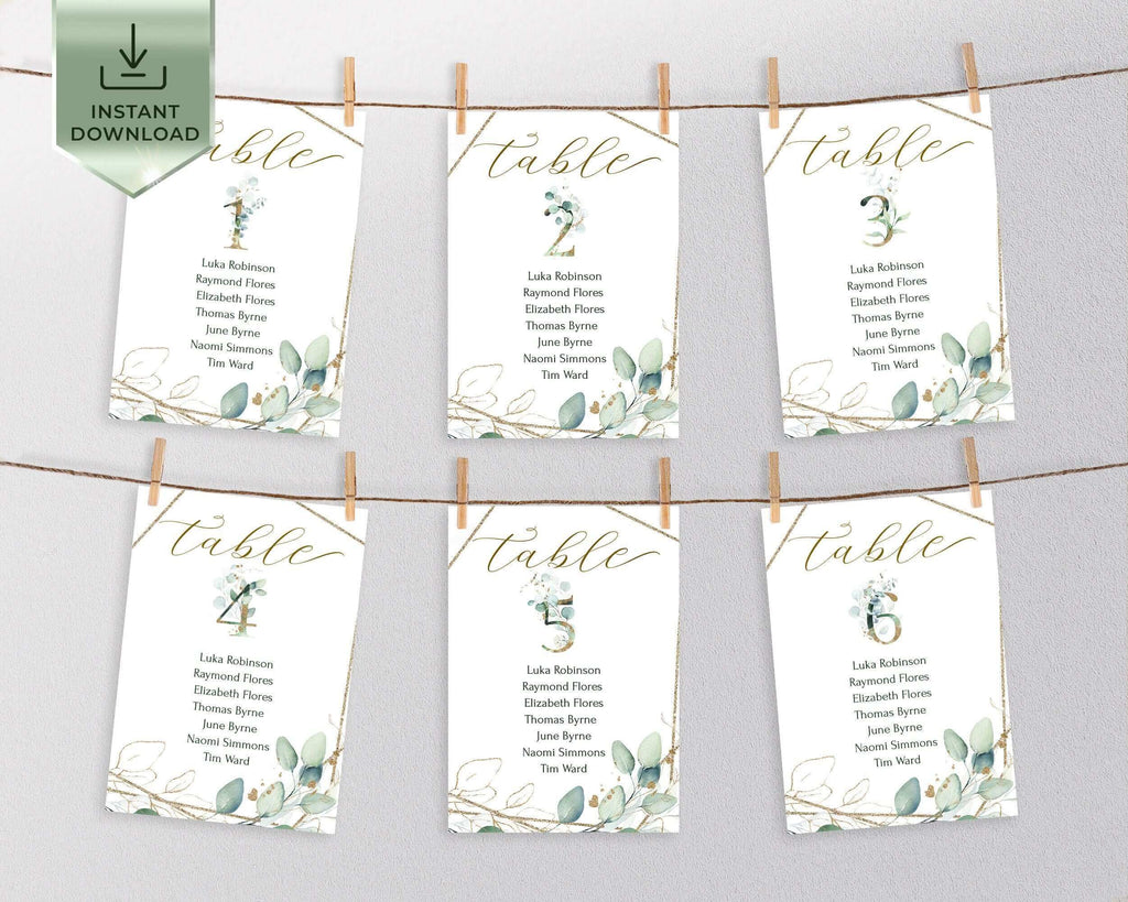 Wedding Seating Plan Cards | Sage Green & Gold | Geometric Printables 