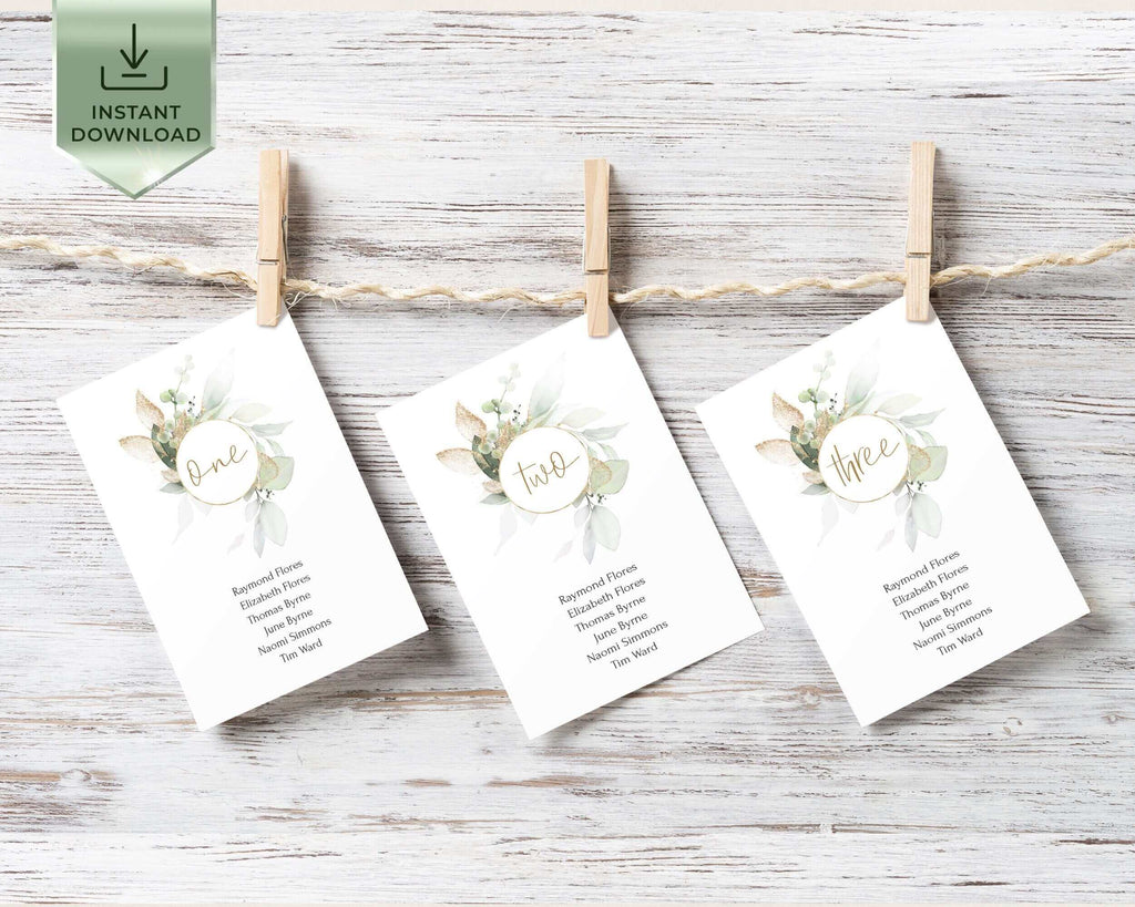 Seating Chart Cards, Editable Template, Sage Green & Gold, DIY Wedding