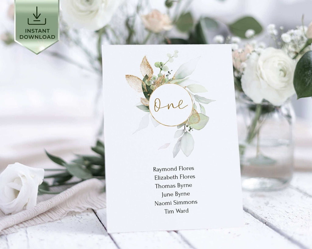 Seating Chart Cards, Editable Template, Sage Green & Gold, DIY Wedding