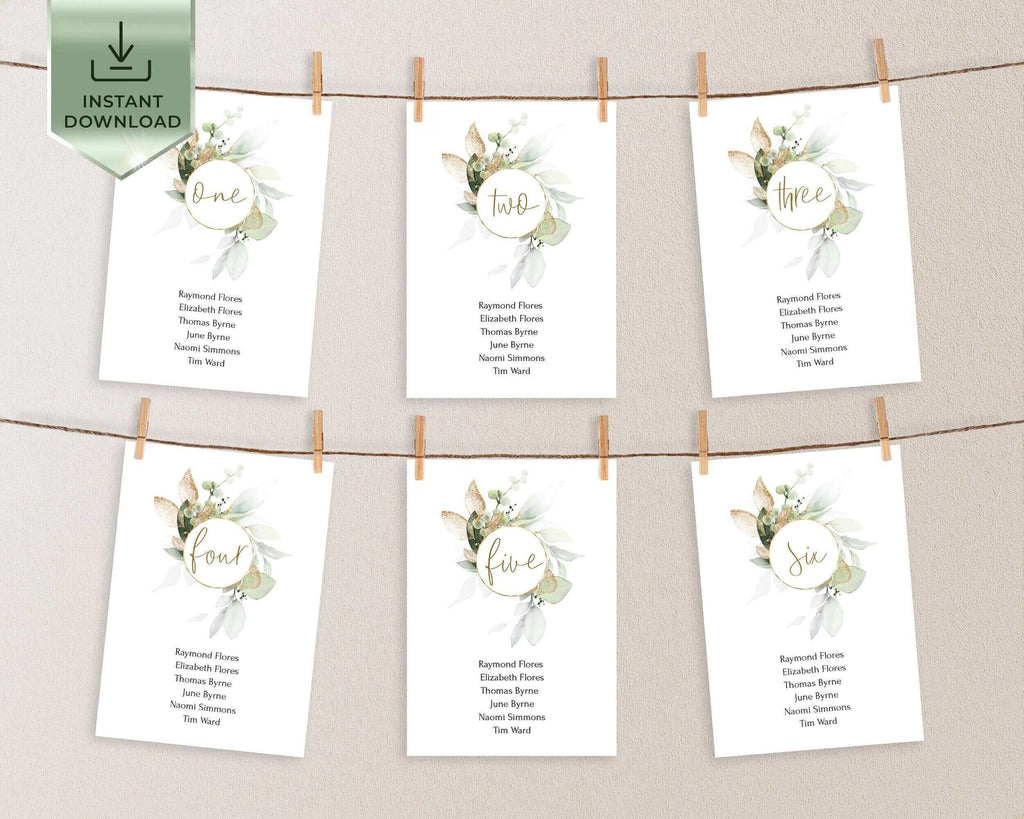 Seating Chart Cards, Editable Template, Sage Green & Gold, DIY Wedding