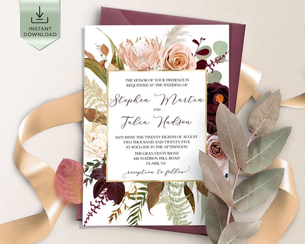 Wedding Invites | Burgundy & Blush Flowers | Fall Wedding Printables