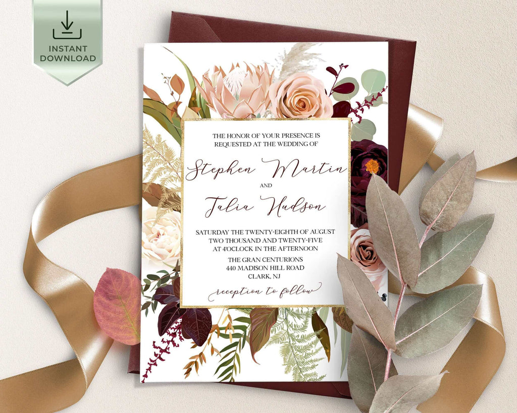 Wedding Invites | Burgundy & Blush Flowers | Fall Wedding Printables