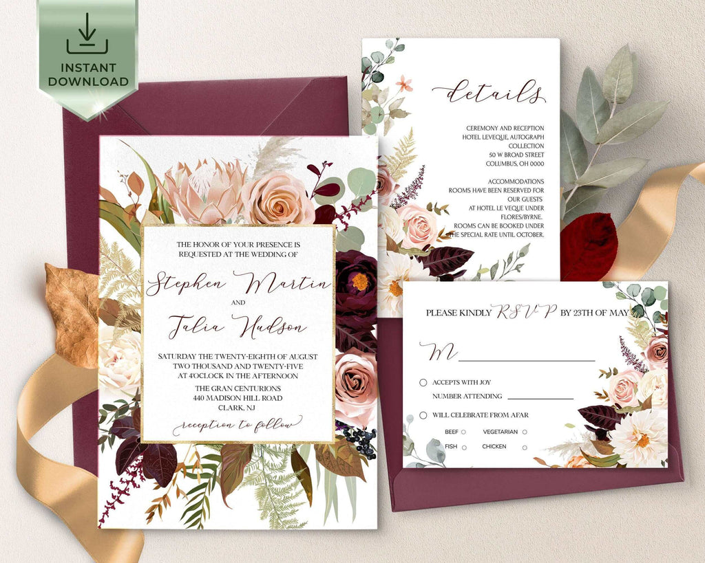 Rustic Wedding Invitation Suite Template | Fall Burgundy Editable Wedding Invites Set Download |  Floral Printable Rust Invite | Autumn