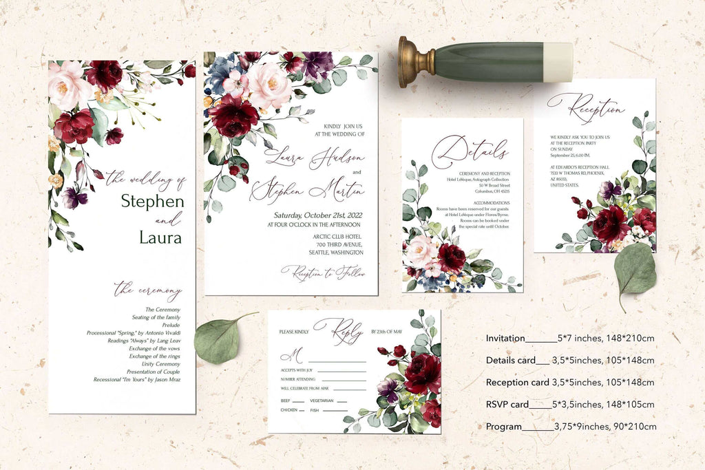 ZAILA Wedding Invitation Template, Editable Wedding Invitation, Printable Burgundy flowes Invites,  Wedding Invite, Rust Weddign Invites