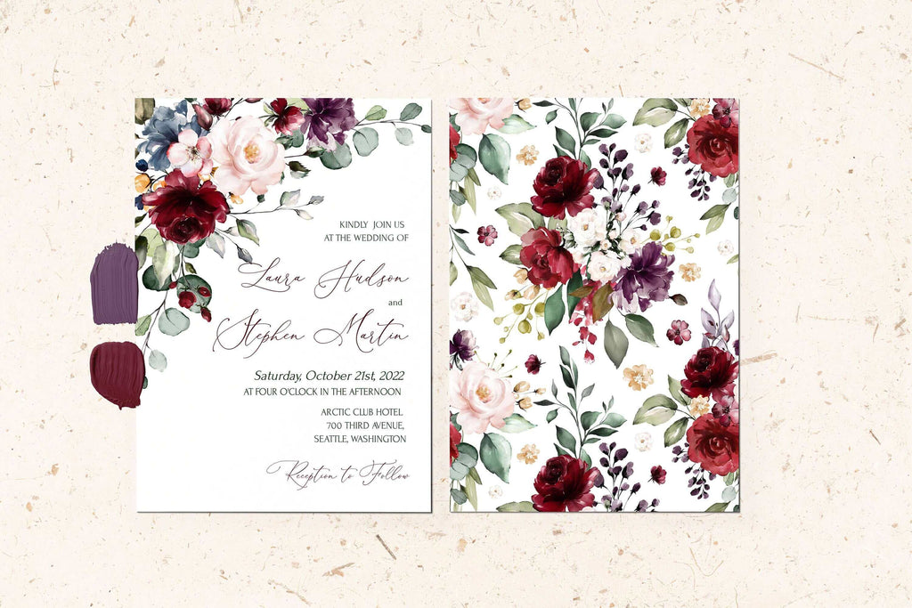 ZAILA Wedding Invitation Template, Editable Wedding Invitation, Printable Burgundy flowes Invites,  Wedding Invite, Rust Weddign Invites