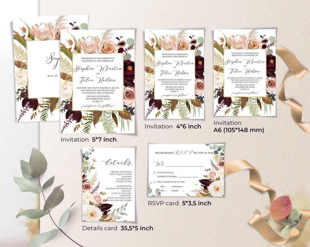 Rustic Wedding Invitation Suite Template | Fall Burgundy Editable Wedding Invites Set Download |  Floral Printable Rust Invite | Autumn