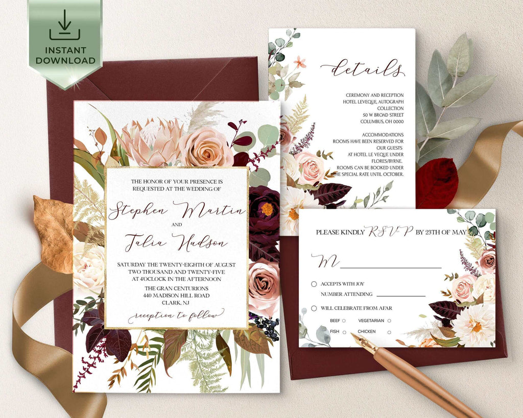 Rustic Wedding Invitation Suite Template | Fall Burgundy Editable Wedding Invites Set Download |  Floral Printable Rust Invite | Autumn