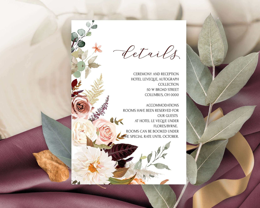 Rustic Wedding Invitation Suite Template | Fall Burgundy Editable Wedding Invites Set Download |  Floral Printable Rust Invite | Autumn