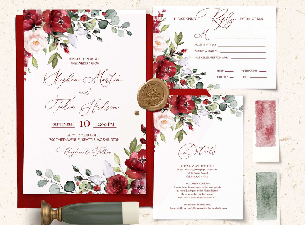 DIY Wedding Invitation Templates, Rustic Red & Sage Green, Printables