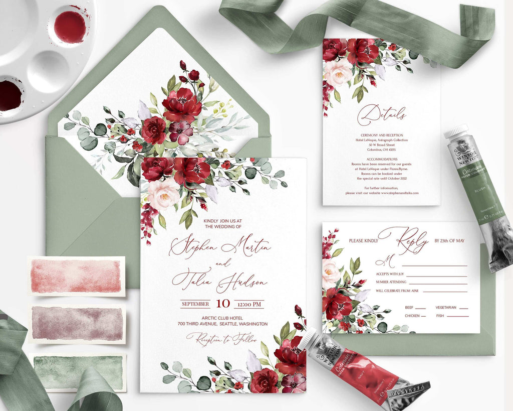 DIY Wedding Invitation Templates, Rustic Red & Sage Green, Printables