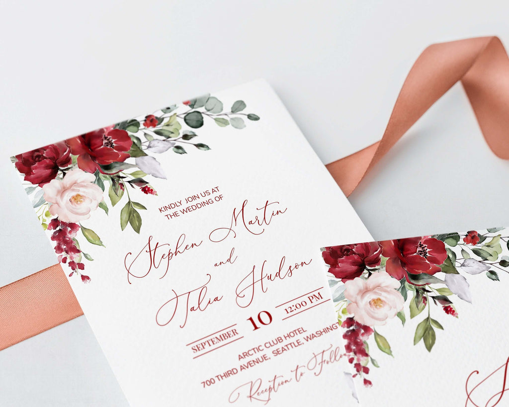 DIY Wedding Invitation Templates, Rustic Red & Sage Green, Printables