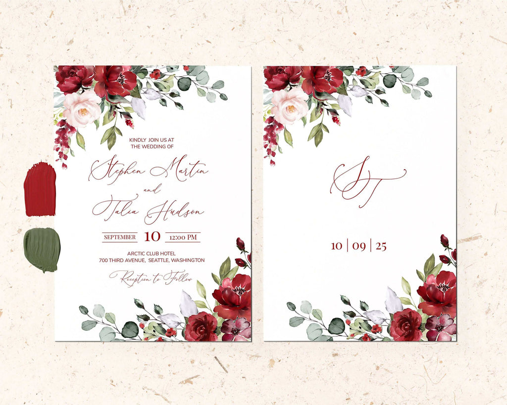 DIY Wedding Invitation Templates, Rustic Red & Sage Green, Printables