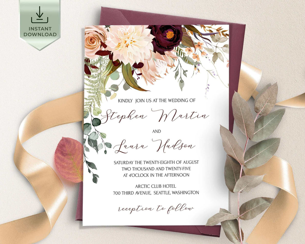 Rustic Wedding Invitation Suite Template | Autumn Burgundy Editable Wedding Invites Set Download |  Floral Printable Rust Invite | Autumn