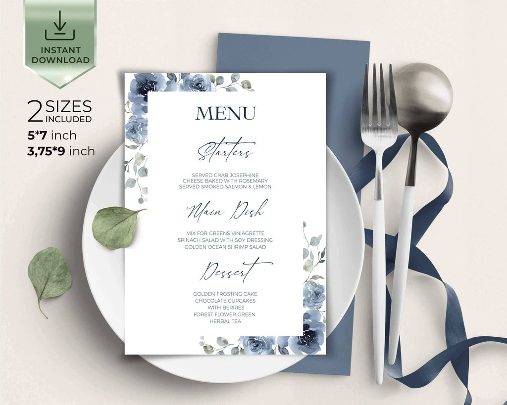 SKYLA - Dusty Blue & Blue Navy Wedding Menu Template, Editable Floral Menu, Printable Menu, Templett, Try Before