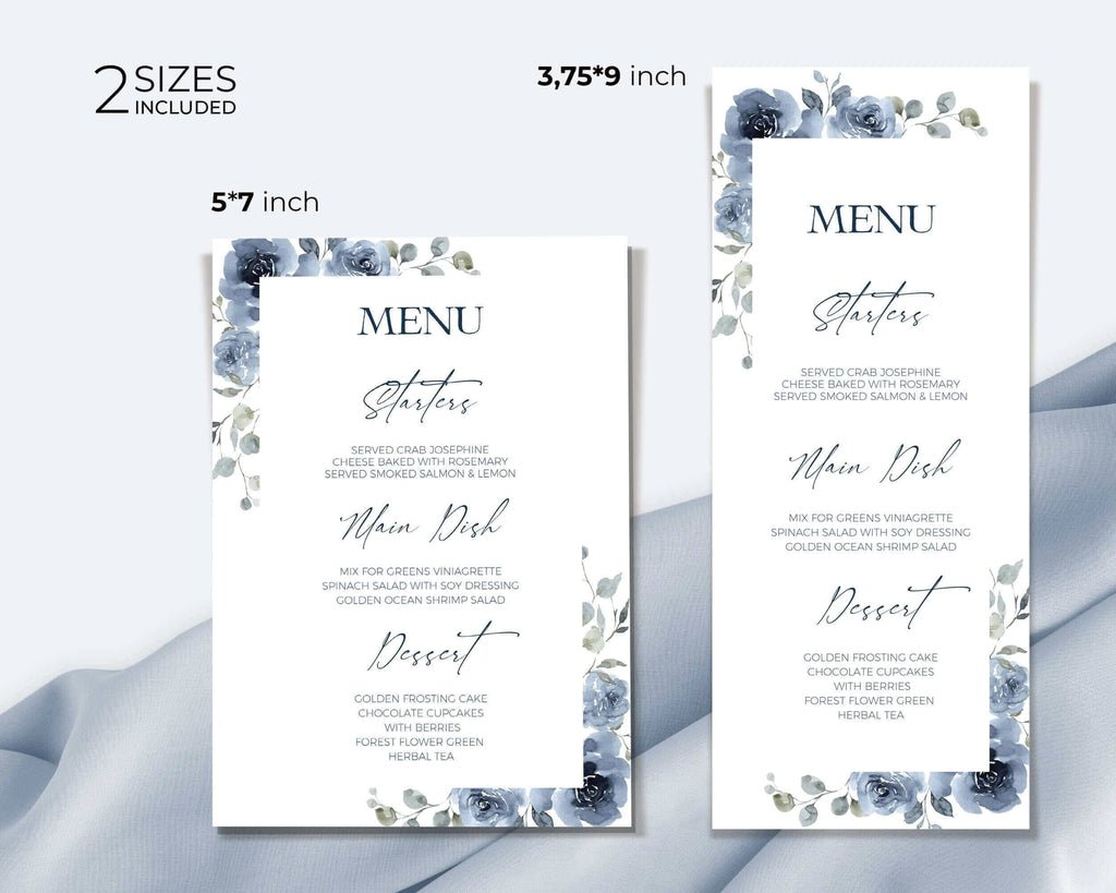 SKYLA - Dusty Blue & Blue Navy Wedding Menu Template, Editable Floral Menu, Printable Menu, Templett, Try Before