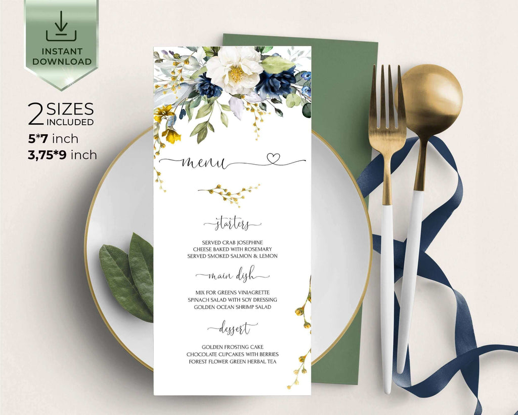 EVELYN - Spring flowers Wedding Menu Template, Blue Yellow Menu Download, Editable Floral Menu, INSTANT DOWNLOAD, Diy