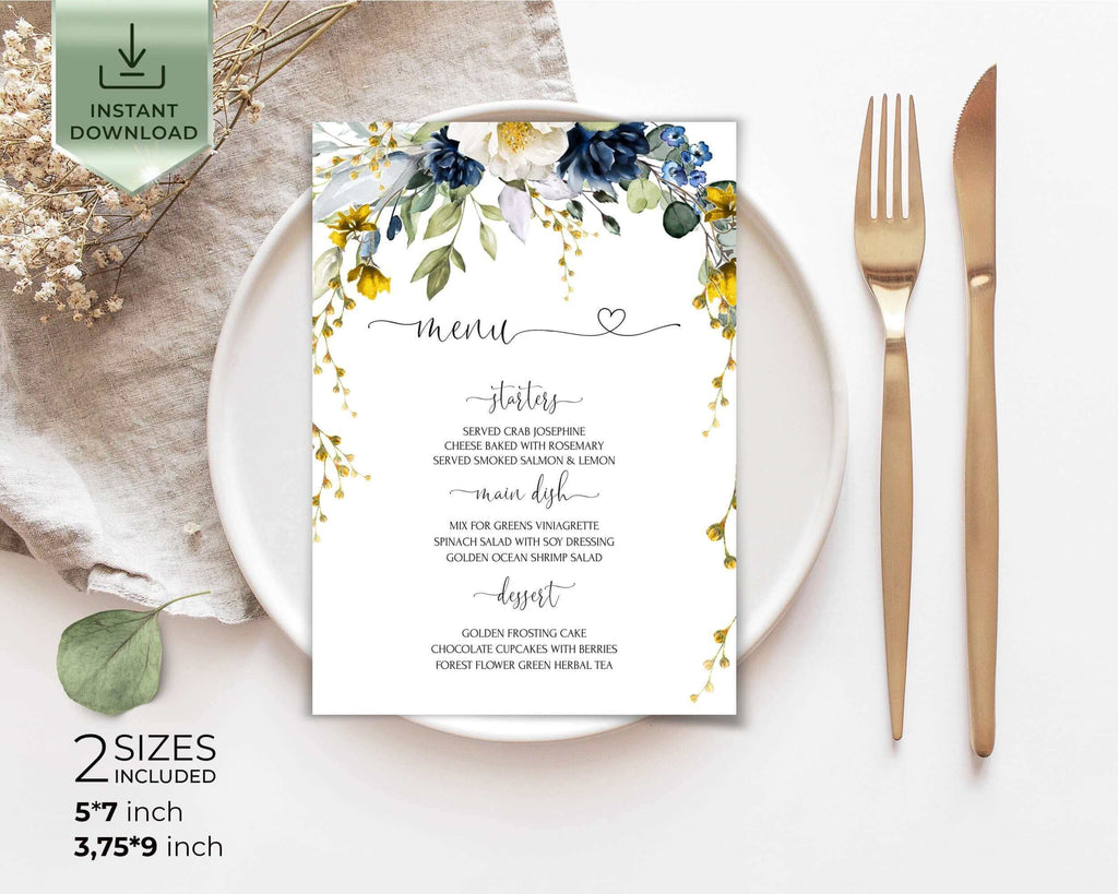 EVELYN - Spring flowers Wedding Menu Template, Blue Yellow Menu Download, Editable Floral Menu, INSTANT DOWNLOAD, Diy