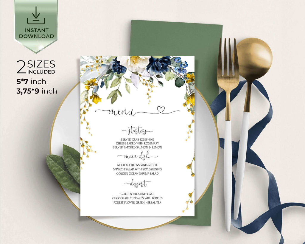 EVELYN - Spring flowers Wedding Menu Template, Blue Yellow Menu Download, Editable Floral Menu, INSTANT DOWNLOAD, Diy