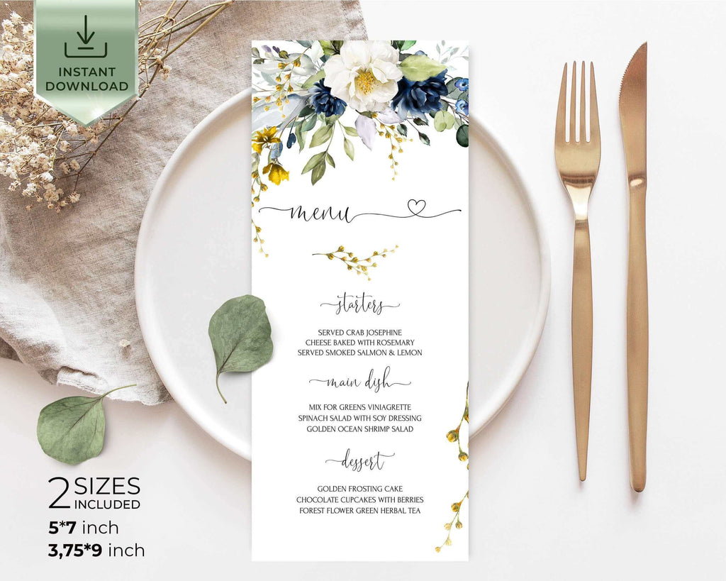 EVELYN - Spring flowers Wedding Menu Template, Blue Yellow Menu Download, Editable Floral Menu, INSTANT DOWNLOAD, Diy