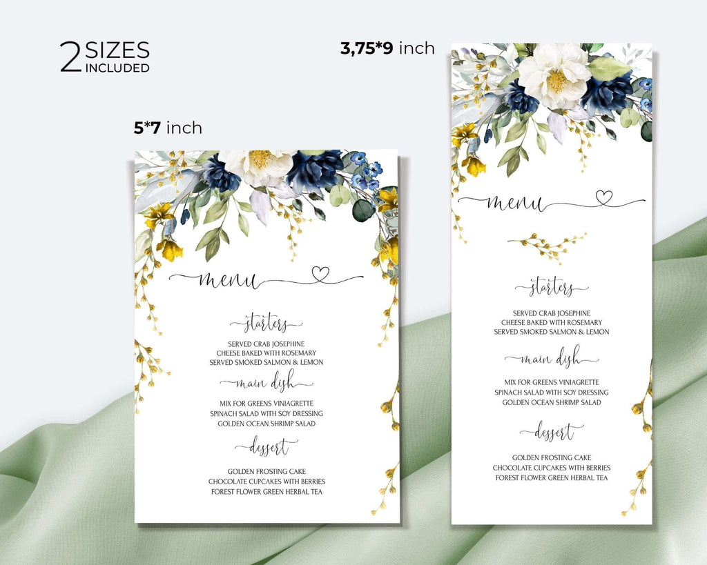 EVELYN - Spring flowers Wedding Menu Template, Blue Yellow Menu Download, Editable Floral Menu, INSTANT DOWNLOAD, Diy