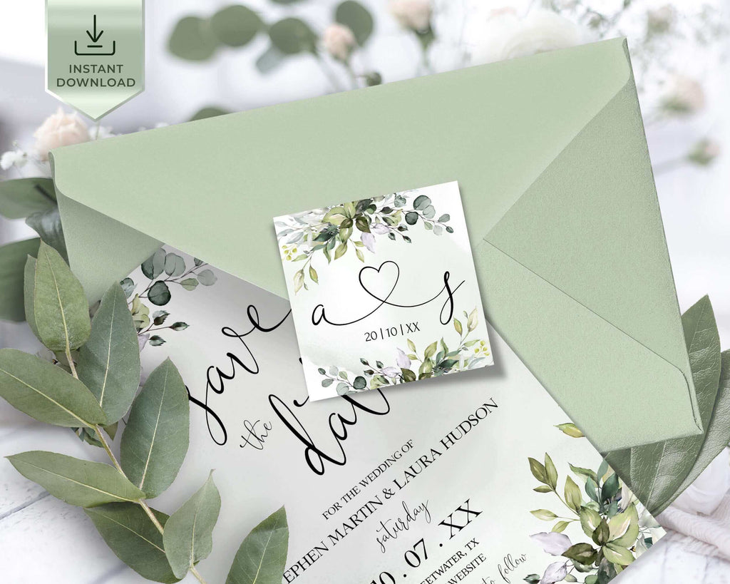 LPE0371 AMELIA - Greenery Eucalyptus Initial Tag Template, Editable Initial Tags, Printable Wedding Initial tag Tag Download, Shower Initial tag