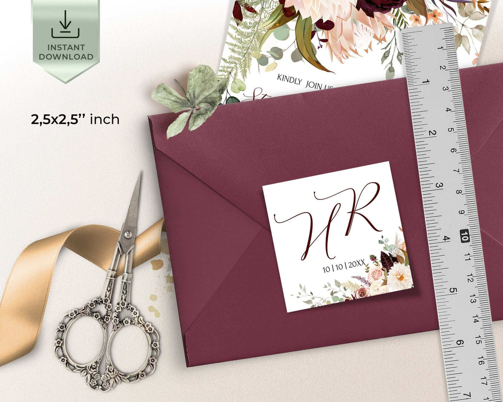 Initials Monogram Sticker | Fall DIY Wedding | Rustic Editable Invites