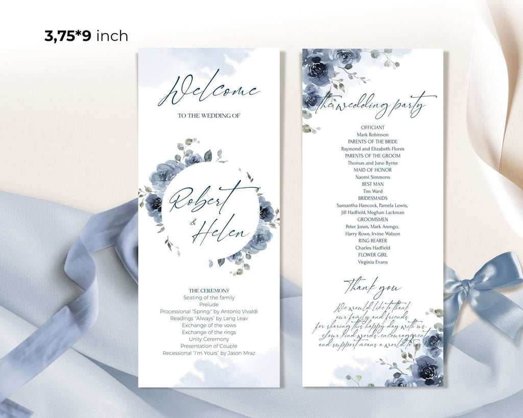 SKYLA - Dusty Blue and Blue Navy Wedding Program Template, Editable Fan Wedding Program,  Ceremony Template Printable, Order Of Ceremony