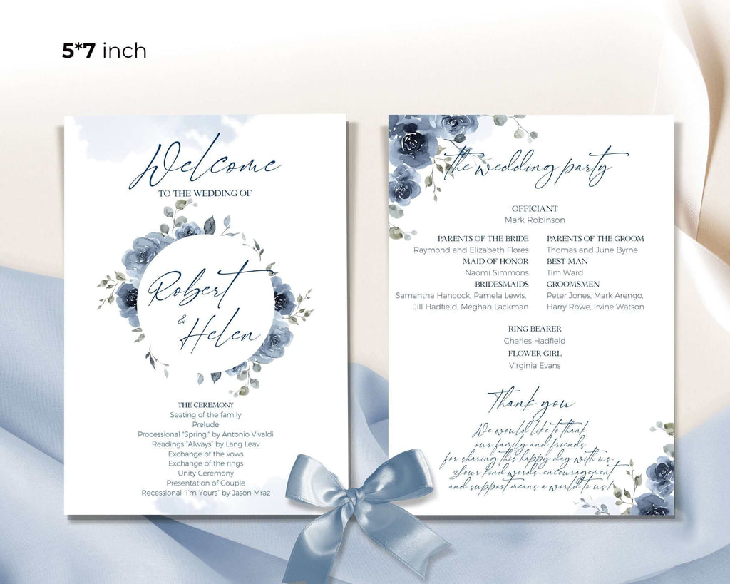 SKYLA - Dusty Blue and Blue Navy Wedding Program Template, Editable Fan Wedding Program,  Ceremony Template Printable, Order Of Ceremony