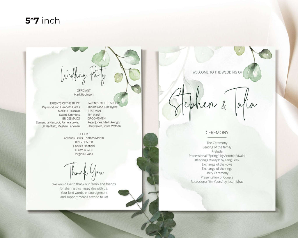 Ceremony Program Template, DIY Printable, Eucalyptus & Calligraphy